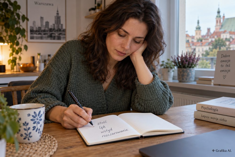 Kobieta zapisująca i nazywająca emocje w notesie przy biurku